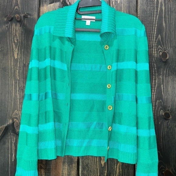 St John Cardigan Sweater Size S Button Front Wool Blend Green Striped Vtg Y2K - Picture 1 of 9